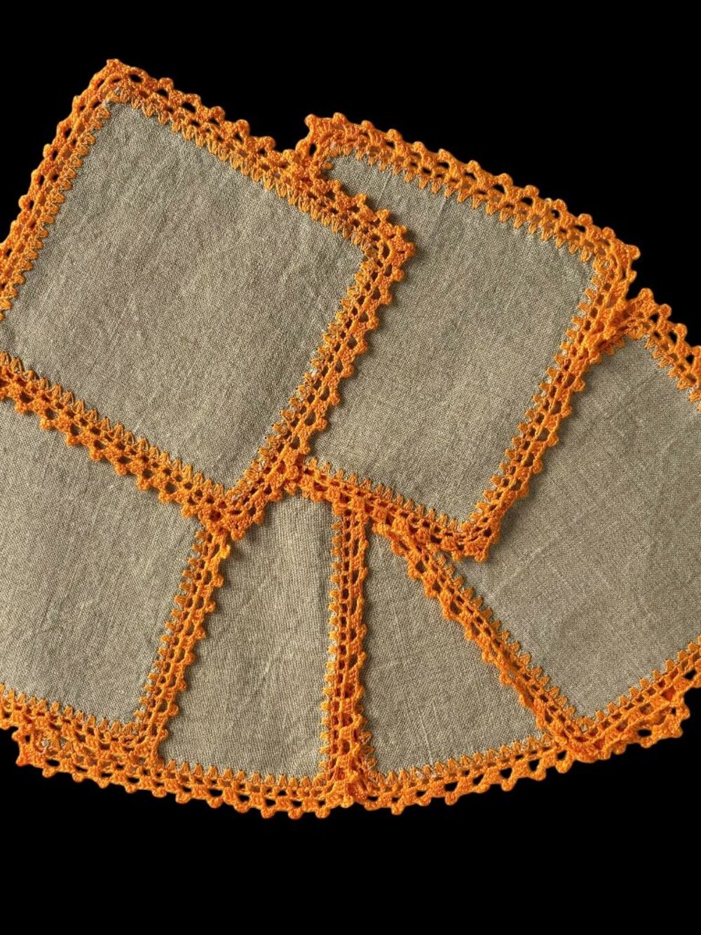 Set of 6 Polish Ecru Linen Orange Crochet Edged Doilies Table Runners Poland